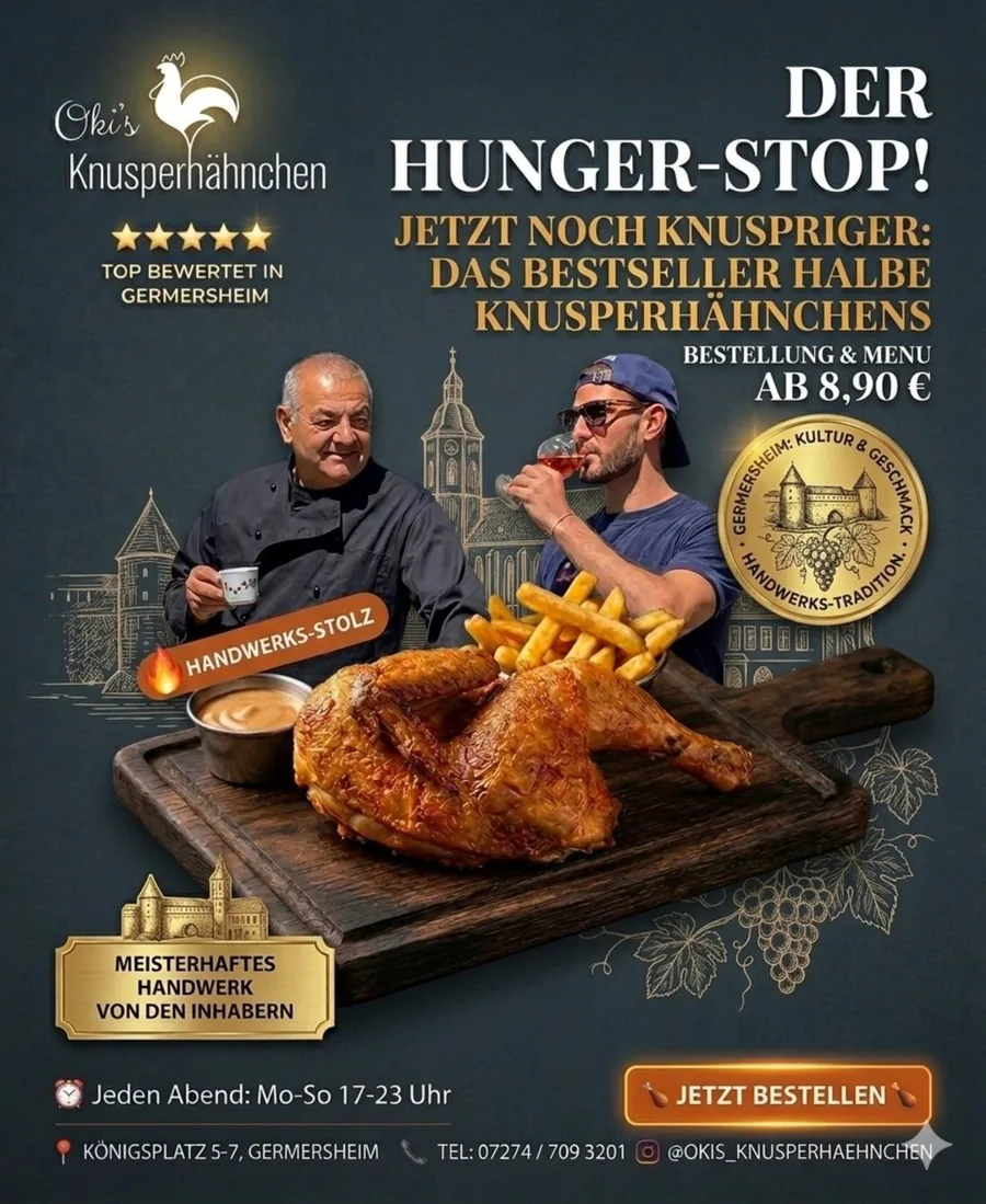 Halbes Knusperhähnchen mit Preis und Team